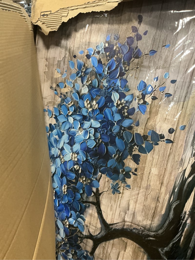 Condition photo showing Good Condition for cerulean blue flowers i canvas blue floral art by art remedy, gold frame, 54" x 36"  
