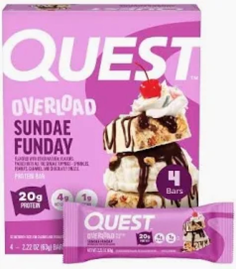 (best by 06/19/26) quest nutrition overload protein bars, sundae funday, 20g protein, 1g sugar, 4g net carbs, gluten fr