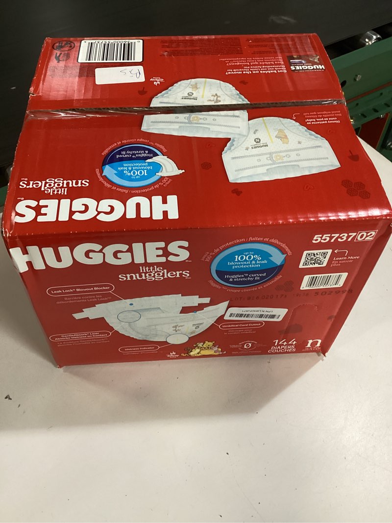 Condition photo showing New/Like New for Huggies Size Newborn Diapers, Little Snugglers Baby Diapers, Size Newborn (up to 10 lbs), 144 Count, Packaging May Vary