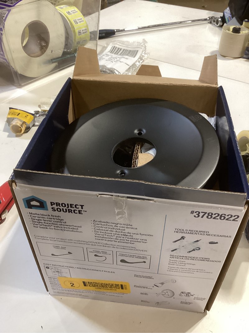 Condition photo showing As Is for project source dover matte black 1-handle single function 2.756-in round bathtub and shower