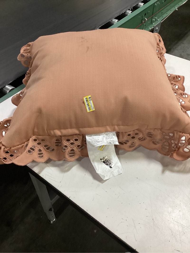 Condition photo showing As Is for 26"x26" eyelet ruffle outdoor patio throw pillow coral - threshold™ designed with studio mcgee