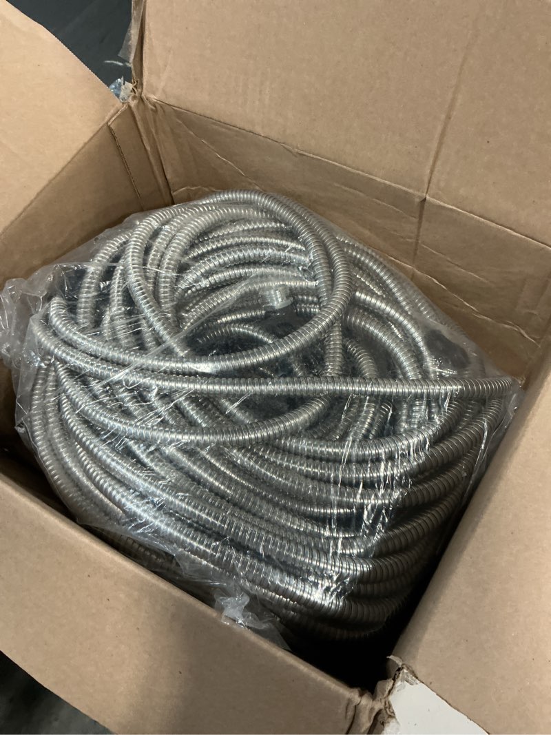 Condition photo showing As Is for rugged rhino metal garden hose with spray nozzle, 50ft, 304 stainless steel, 750 psi burst strength, heavy duty flexible water hose, kink resistant, leakproof for yard, lawn and outdoor use, silver 50 feet silver