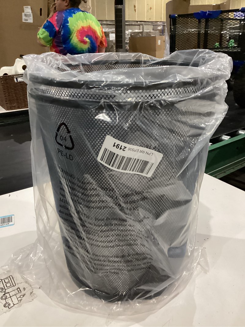 Condition photo showing As Is for seville classics 2-pack steel mesh round trashcan wastebasket for trash or recycle in the home, office, or garage, black, 6 gallon black 6 gallon