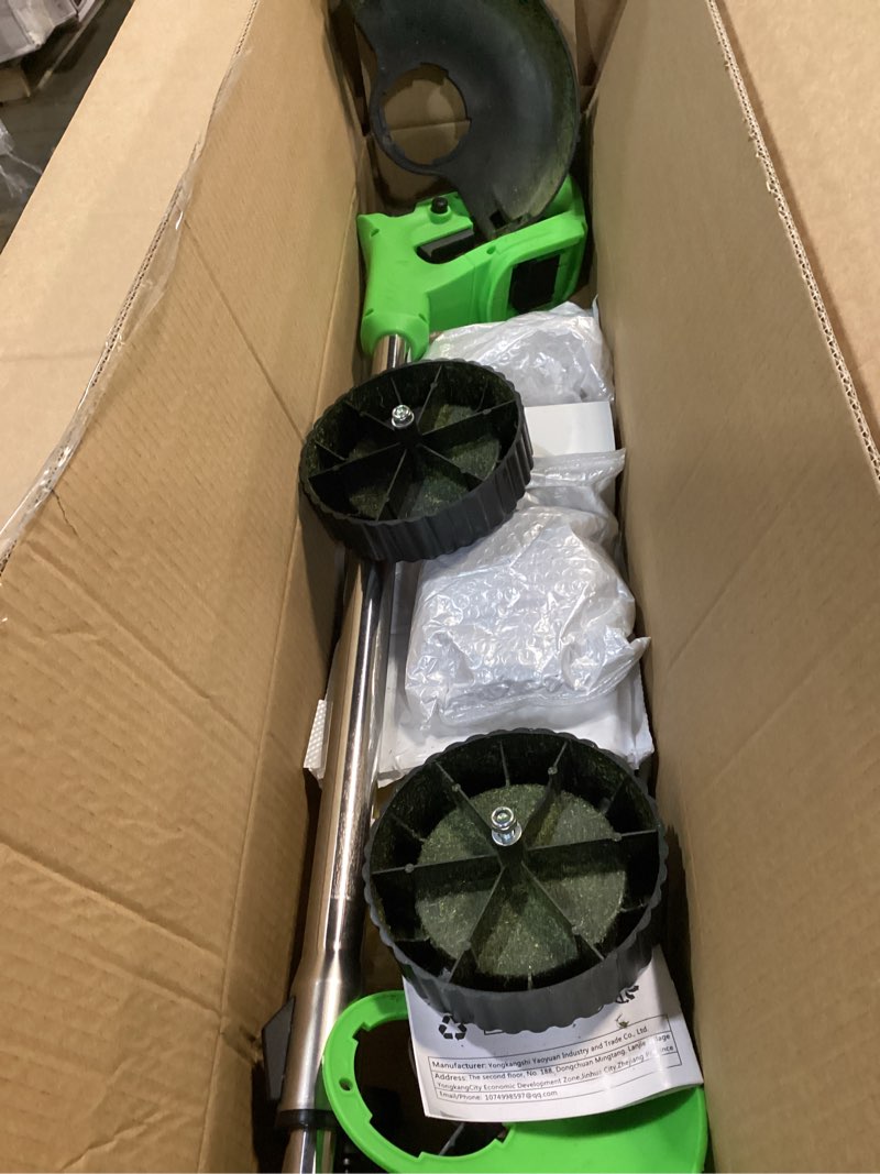 Condition photo showing As Is for cordless weed wacker with 2 batteries, lightweight 21v weed trimmer with wheels, electric grass trimmer, adjustable shaft lawn tool for small yard tight spaces 2x2.0 wheeled lawn mower kit