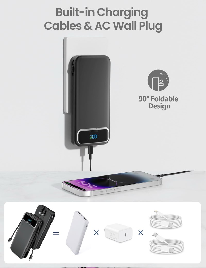 12000mAh Lightweight-Portable-Charger-Power-Bank with Built-in Cables and AC Wall Plug, PD20W USB-C 