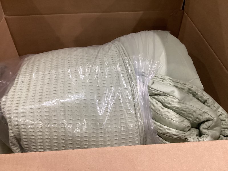 Condition photo showing Good Condition for Levtex Home Cloud Waffle King/Cal King Comforter Set (106x94in) with 2 Pillow Shams (36x20in) - Solid Waffle Cotton Texture - Desert Sage - Cotton King Size Comforter Set - Soft, Pre-Washed King/Cal King Comforter Desert Sage
