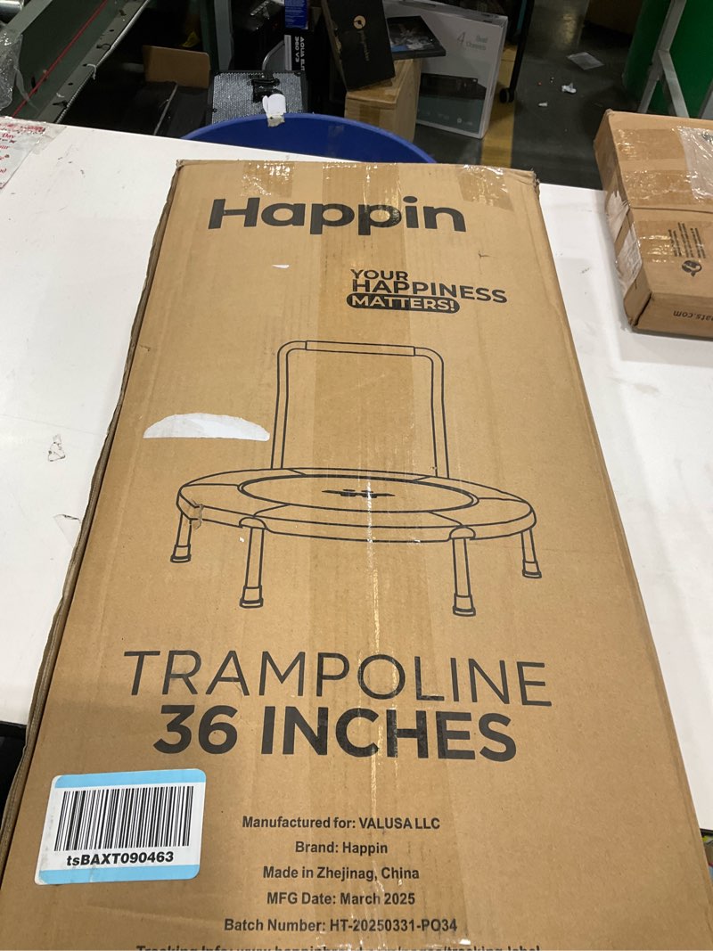 Condition photo showing New/Like New for Happin® 36'' Indoor Trampoline for Kids Ages 2-6, Foldable Mini Rebounder for Indoor & Outdoor Play with Foam Handle and Ultra Safe Padding, Perfect Toddler Gift for Boys & Girls