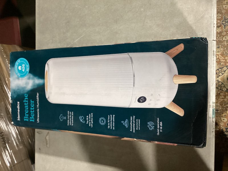 Condition photo showing Good Condition for Homedics Ultrasonic Humidifier - Large Deluxe Air Humidifiers for Bedroom, Plants, Office - Top-Fill 1.47-Gallon Tank, Cool Mist, Essential Oil Pads and Built-In Timer, 3 Speed Settings, White