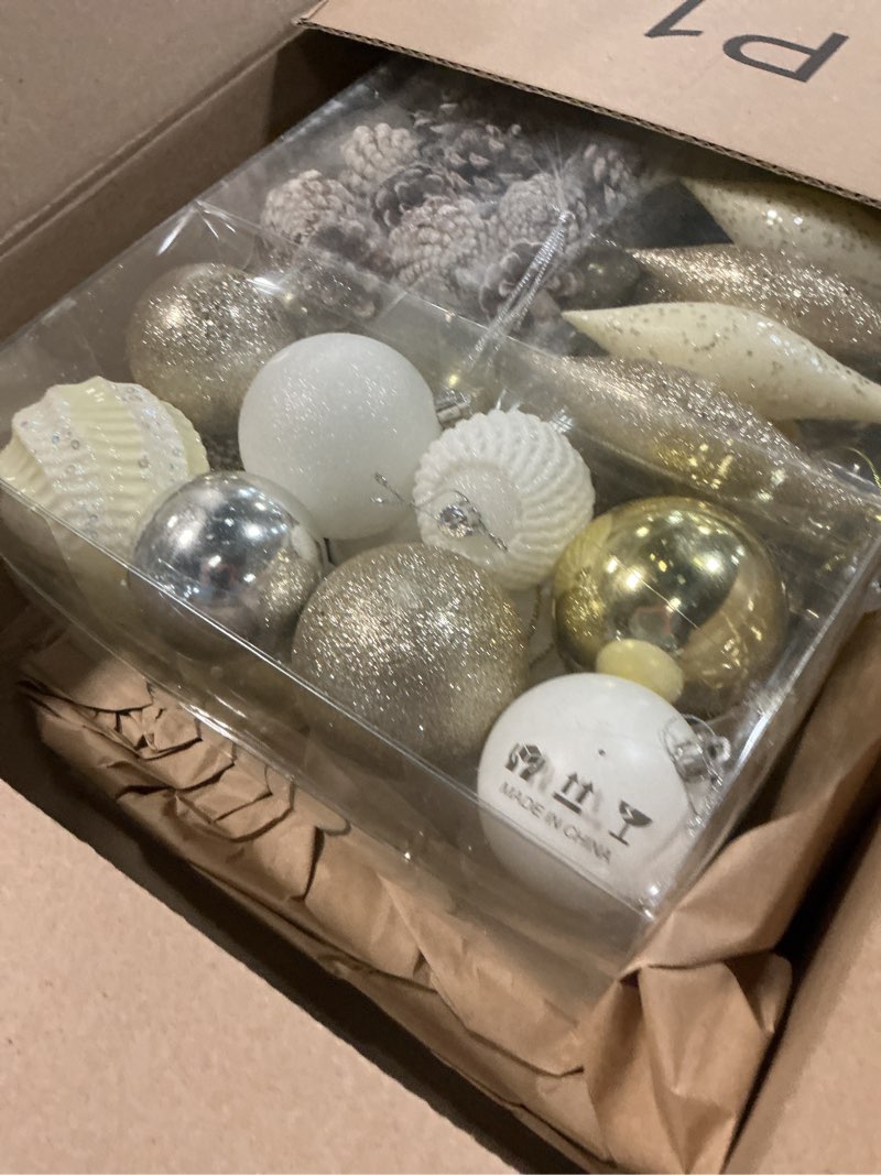 Condition photo showing New/Like New for sea team 73-pack assorted christmas ornaments, gold, white | shatterproof plastic decorations included balls, pinecones, charms, pendants for christmas tree, wreath, garland multi-size/73-pack gold