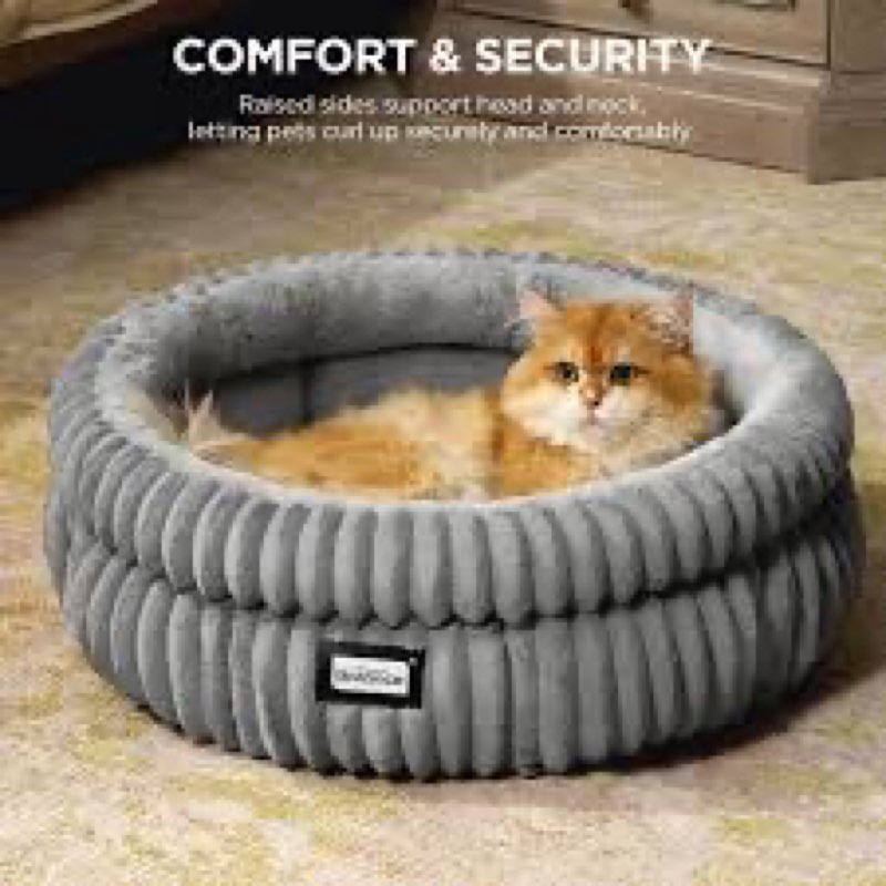 BALANCE Cat Bed Kitten Bed, Washable Round Cat Beds for Indoor Cats,Super Soft Plush Faux Fur Pet Be