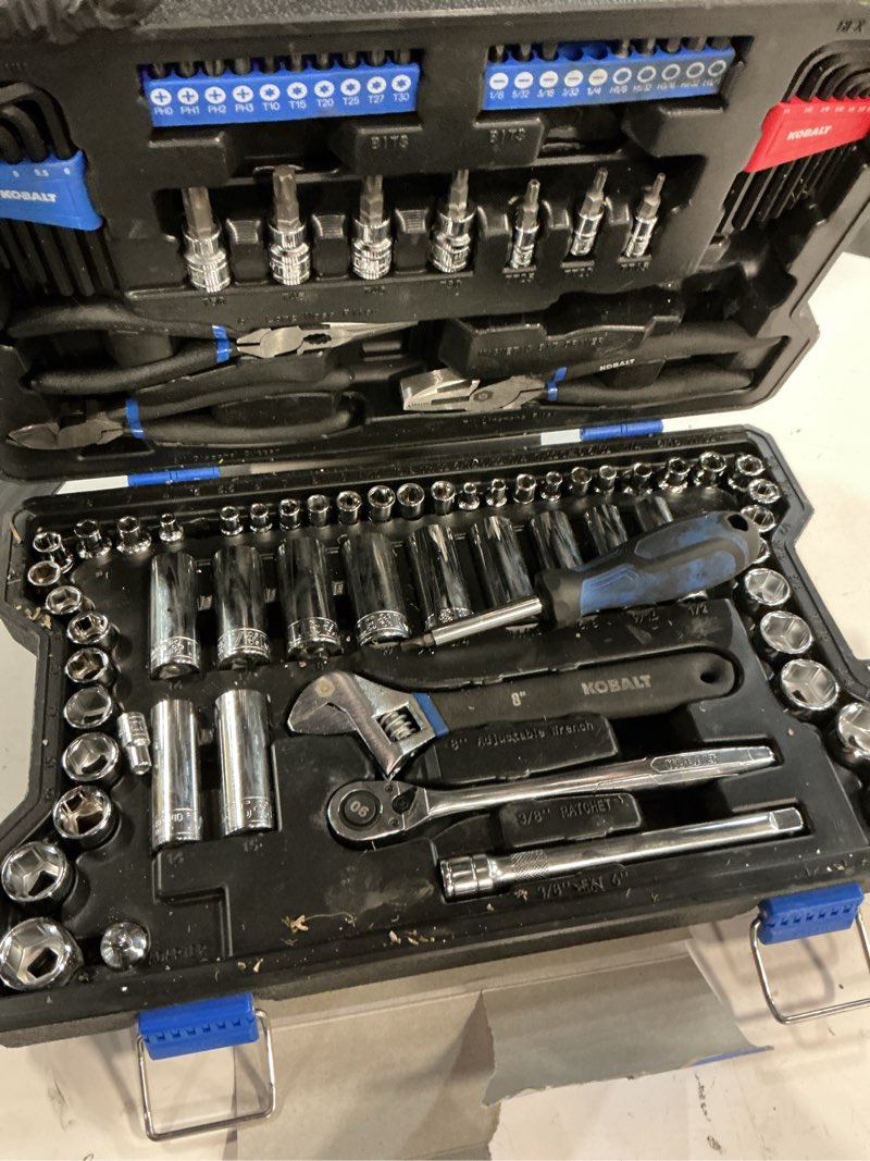 Condition photo showing As Is for kobalt 102 -piece standard (sae) and metric mechanics tool set with hard case