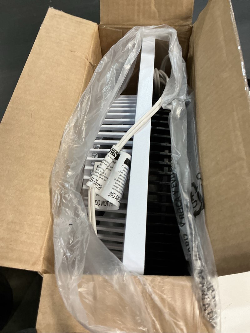 Condition photo showing As Is for BLACK+DECKER 9-Inch Frameless Box Fan, Freestanding Desk Fan with 3-Speed Settings, Portable Fan for Home Office or Garage, BFB09W, White Box Fan White