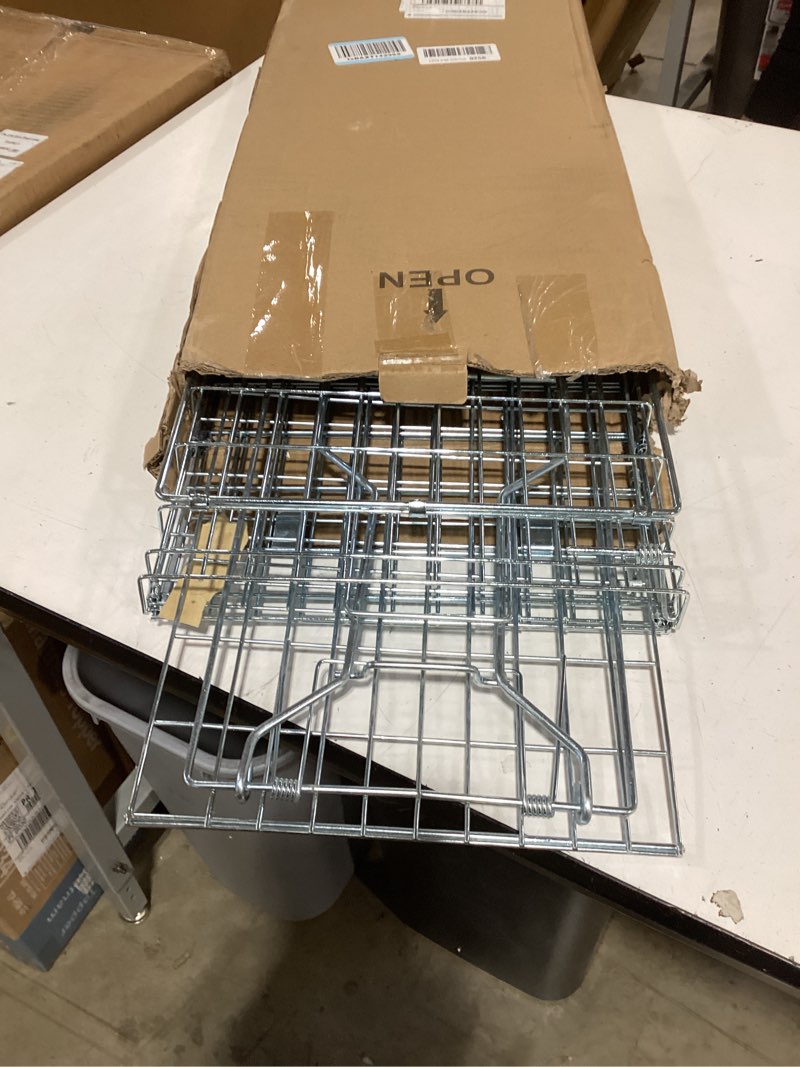 Condition photo showing As Is for large collapsible humane live animal cage trap no-kill trapping kit for humane catch release rabbits, stray cat, squirrel, raccoon, all fit sized animals, heavy duty, 2-door 31"x11.5"x12.5"