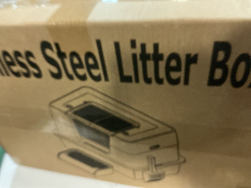 Condition photo showing New/Like New for Vivifying Stainless Steel Litter Box, XL Side Entry Extra Large Litter Box with Lid for Big Cats & Kitty, Removable Enclosed Metal Cat Pan with High Sided Enclosure, Scoop, Mat, Footboard (Black)