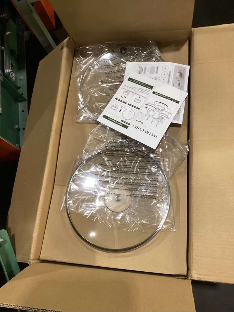 Condition photo showing New/Like New for 24 pcs pots and pans set, non stick ceramic cookware set with 3 stockpots, healthy non-toxic, large capacity, induction compatible, pfas/ptfe/pfoa free, cream white