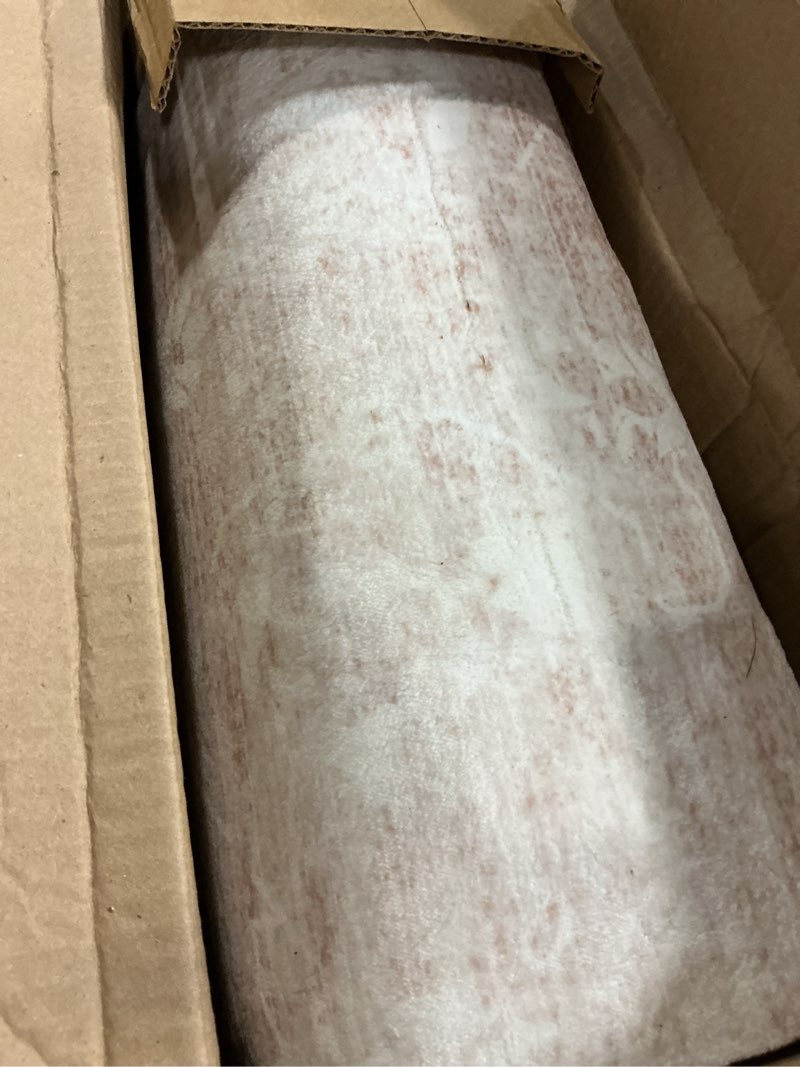 Condition photo showing Good Condition for 5x7 washable area rugs for bedroom, neutral boho rugs for living room, vintage large soft faux wool carpet for girls nursery, playroom, dorm, office, dinning room, non slip, light pink pink 5' x 7' (rectangular)