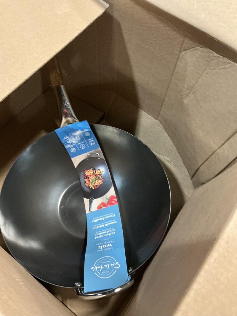 Condition photo showing Good Condition for sur la table kitchen essentials quick fire 13.5" carbon steel flat bottom wok – durable nonstick stir fry pan