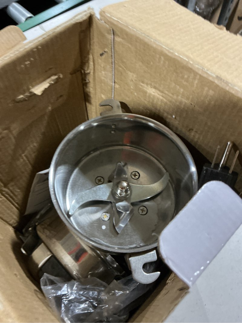 Condition photo showing As Is for grain mill 150g, flour mill grinder for home, electric stainless steel grain grinder for wheat, spices, coffee,corn and other dry food grinders for kitchen