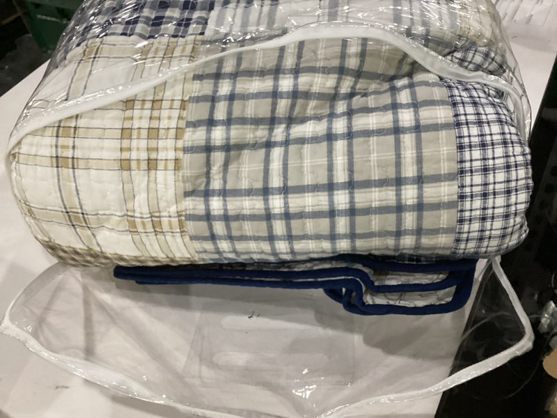 Condition photo showing As Is for cozy line home fashions benjamin cute dinosaur plaid navy blue white grey bedding quilt set 100% cotton reversible coverlet bedspread set for kids boy (queen - 3 piece) queen dinosaur