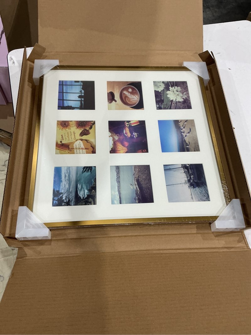 Condition photo showing Good Condition for frametory - 16x16 aluminum collage picture frame - display 4x4 pictures with 9 openings mat - real glass front - horizontal/vertical wall mount - bronze 1 pack 9 slots | 4x4 bronze