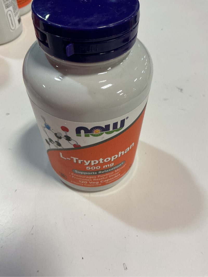Condition photo showing New/Like New for BB 04/2026) NOW Foods Supplements, L-Tryptophan 500 mg, Encourages Positive Mood*, Supports Relaxation*, 120 Veg Capsules 120 Count (Pack of 1)
