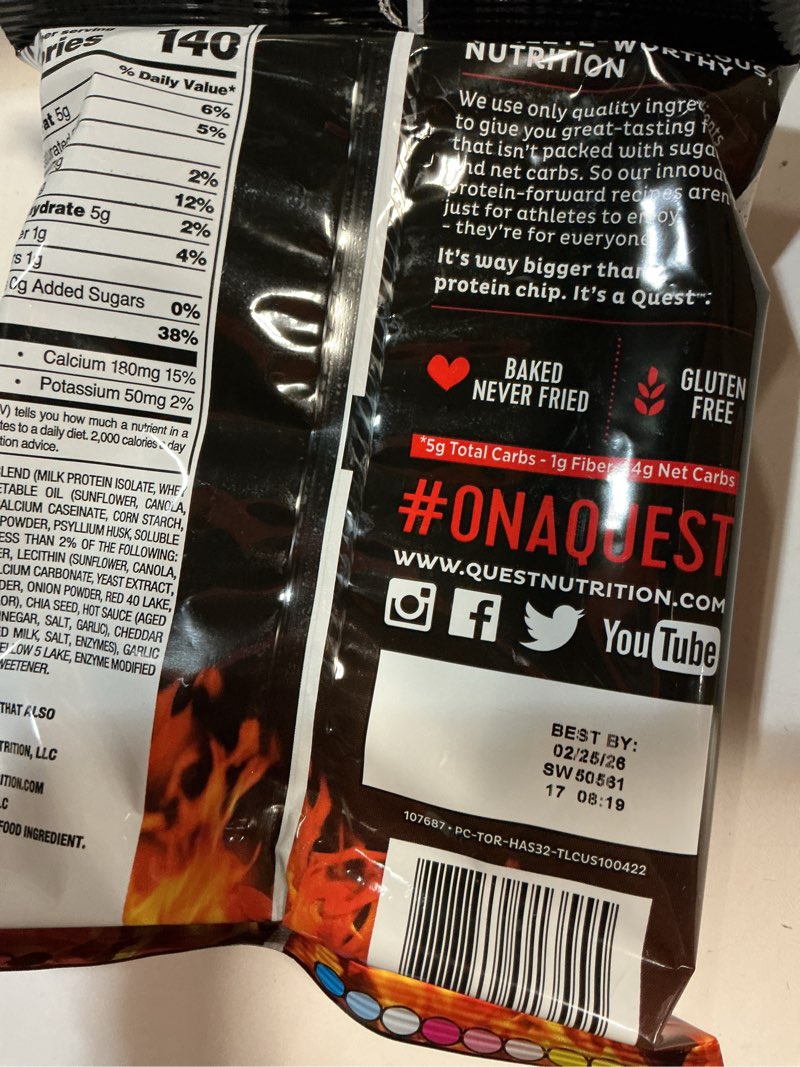 Condition photo showing New/Like New for Quest Nutrition Tortilla Style Chips, Hot & Spicy, 19g of High Protein, 4g Net Carbs, Gluten Free, 1.1 Ounce (Pack of 12) Hot & Spicy 1 Count (Pack of 12)( BB02/25/2026)