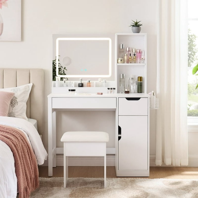 mainstays get ready with me grwm deluxe 2-piece right vanity and stool with lighted mirror and usb power, white finish