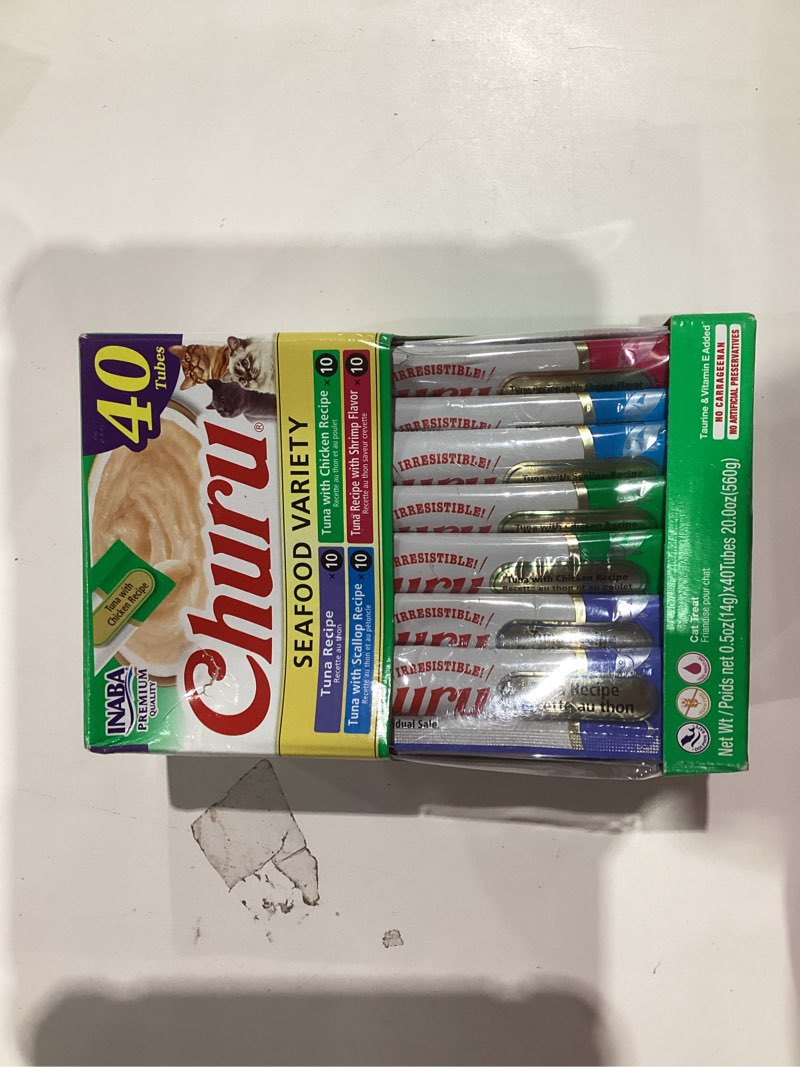 Condition photo showing New/Like New for INABA Churu Cat Treats, Grain-Free, Lickable, Squeezable Creamy Purée Cat Treat/Topper with Vitamin E & Taurine, 0.5 Ounces Each, 40 Tubes, Tuna & Seafood Variety Box Tuna & Seafood Variety 0.5 Ounce (Pack of 40)