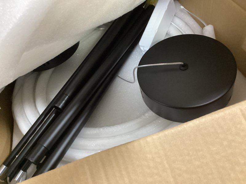 Condition photo showing Good Condition for 59" dining room light fixture, 31w led dimmable chandelier with remote control, linear diy pendant lights kitchen island, hanging light fixture for bar (black, 59 in) black 59 in