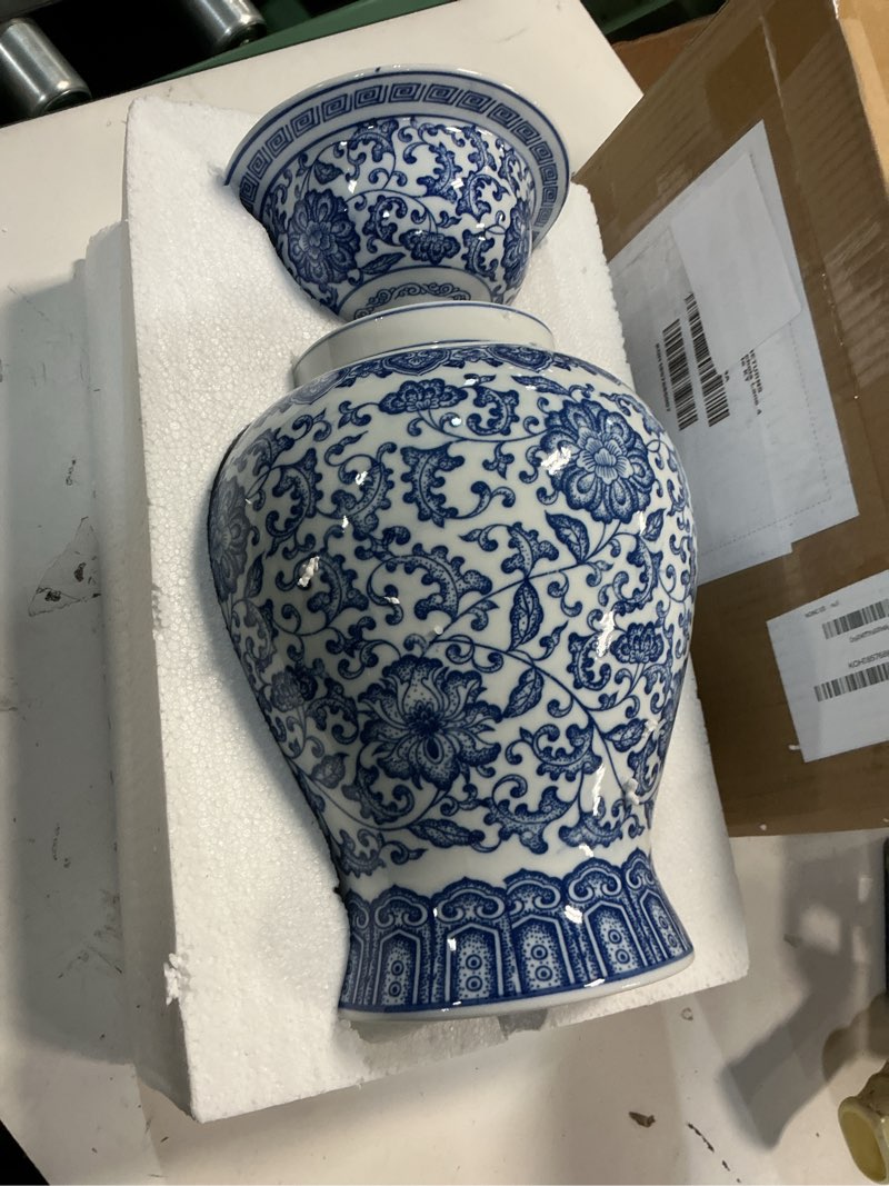 Condition photo showing Good Condition for blue and white ginger jar, ceramic chinoiserie decorative jars for home, office, flower vase pocelain, glossy vase for table, living room, bookshelf, mantle fireplace, centerpieces,15" h 15“