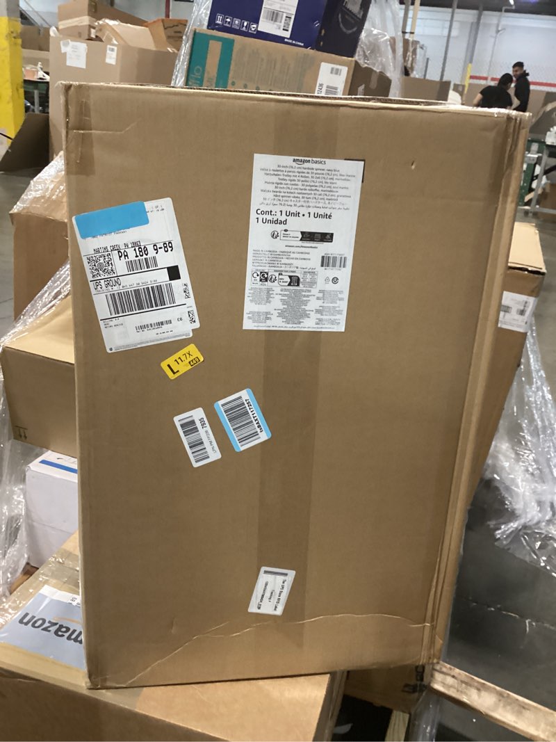 Condition photo showing As Is for Amazon Basics 30" Hardside Large Checked Luggage, Hardshell Suitcase With Wheels, Expandable For Up to 15% More Space, With Scratch-Resistant Surface, Four Multi-directional Wheels, Navy Blue Navy Blue Large Checked