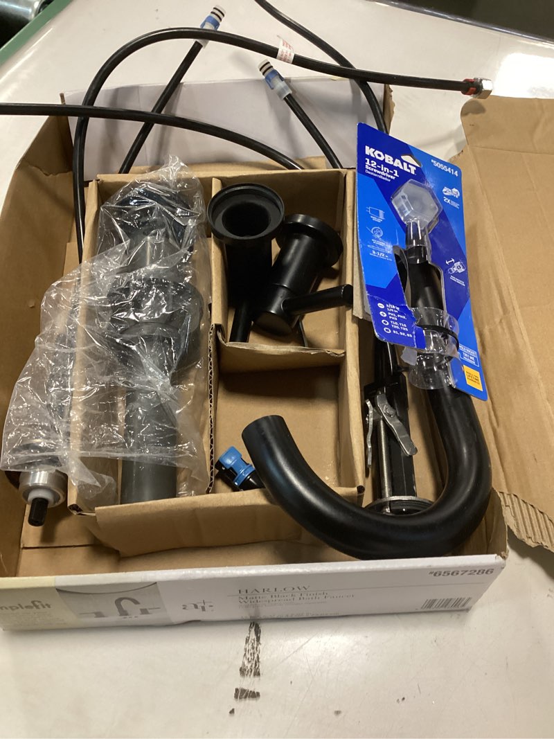 Condition photo showing As Is for 500+ bought last week allen + roth Harlow Simplefit Matte Black Widespread 2-handle WaterSense Mid-arc