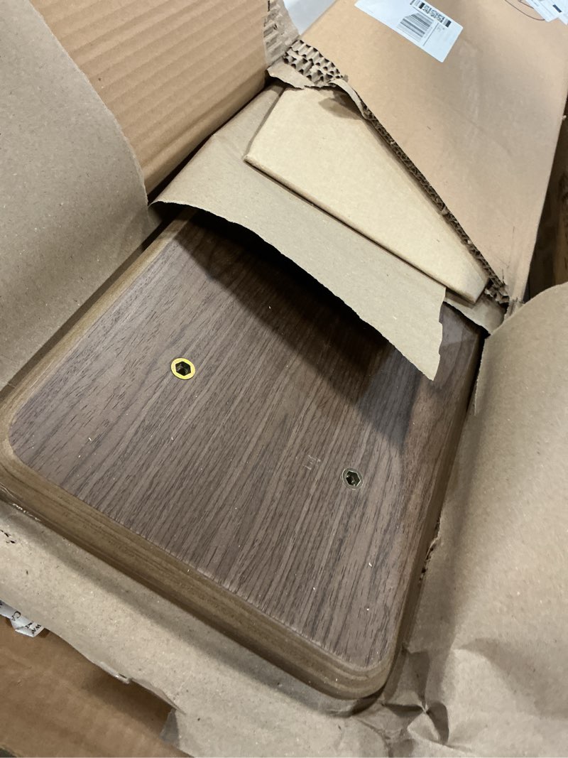 Condition photo showing Good Condition for kivy dual monitor riser with integrated metal shelf - wooden desk shelf for top of desk - wood monitor stand for desk 2 monitors / tv - dual monitor stand riser for desk - large walnut monitor stand walnut wood