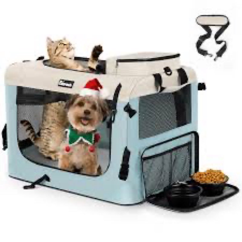 Reerooh Large Cat Carrier 24"x17"x17", Soft Sided Pet Carrier with 2 Pockets, 2 Bowls, 4 Breathable Meshes, Collapsible Travel Pet Carrier Bag for Cats Dogs Puppies Kittens (Blue)
