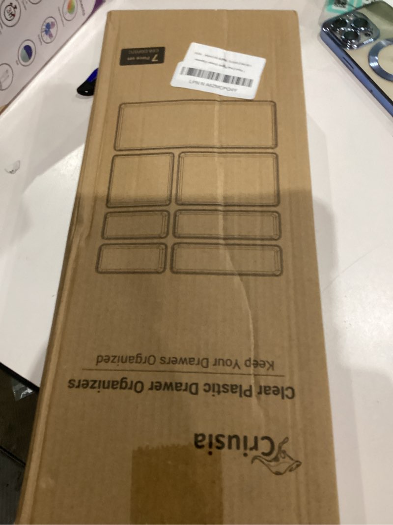 Condition photo showing New/Like New for Criusia Clear Drawer Organizer 7 PCS - 5 Size Plastic Versatile Kitchen and Bathroom Organizer Trays, Non-Slip Storage Bins for Makeup, Utensils, Tool and Office Desk 7PACK