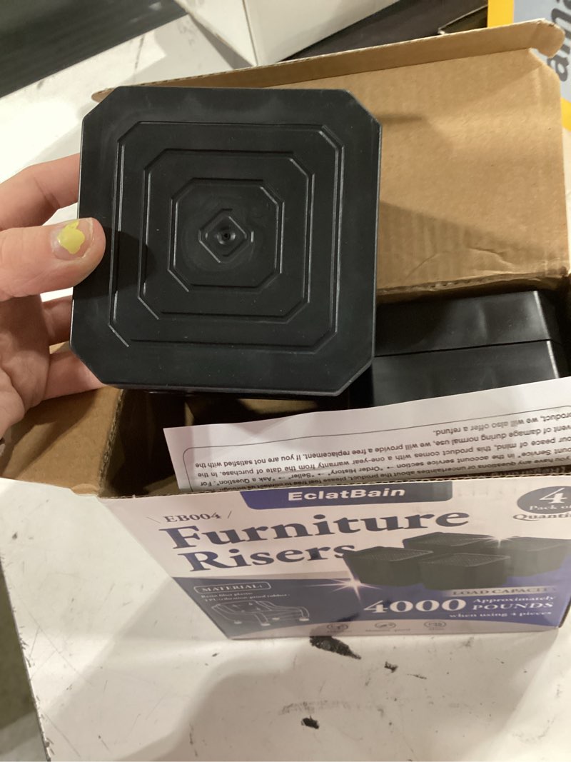 Condition photo showing As Is for eclatbain bed risers furniture risers heavy-duty rectangular adjustable block lift to 3 inches and 4.3 inches desk, sofa, chair legs, refrigerator, washing machine support up to 4000 pounds square-4 pack-black 2 layer(3inches)