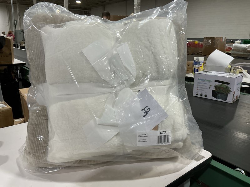Condition photo showing As Is for UGG Remina Comforter Set 5 Piece Bed in a Bag with Throw Blanket, Decorative Pillow, Shams, and Reversible Comforter Hypoallergenic Washable Luxury Warm Fluffy Bedding Set, Full/Queen, Brown Birch Beige Full/Queen