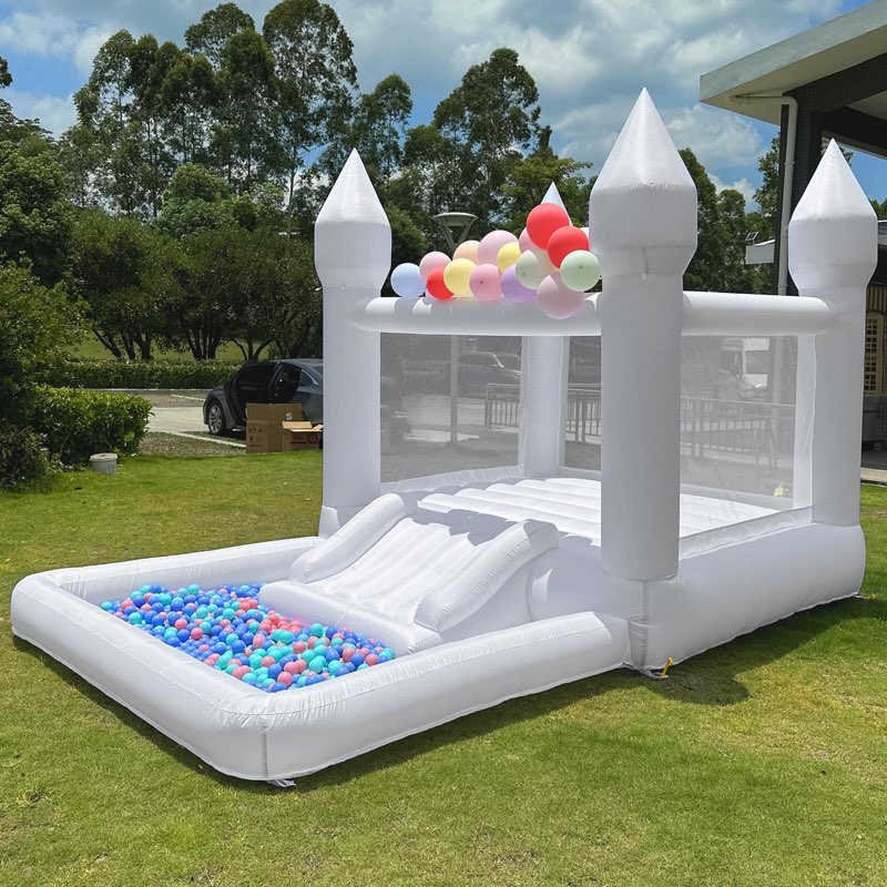 13.7 Ft  White Bounce House With Blower Jumping Castle With Slide & Ball Pit For Kids (oxford Material)