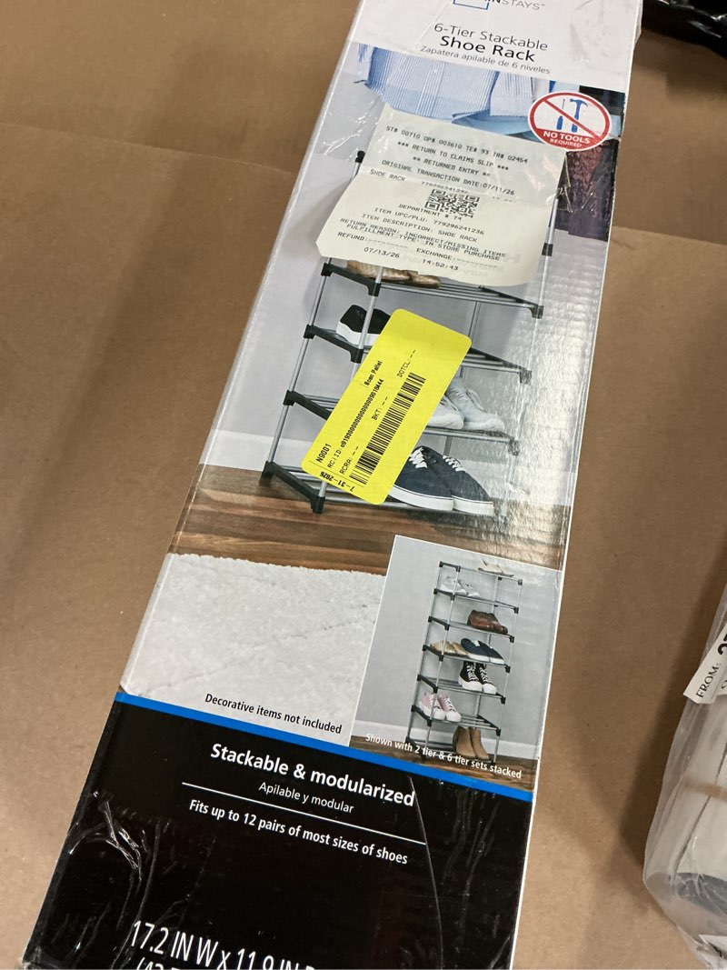 Condition photo showing As Is for mainstays 6 tier shoe rack, black and silver, 8 pairs of shoes, metal tubes & plastic connectors