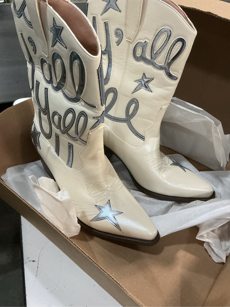 Condition photo showing Good Condition for (size 9)hochfart women's cowboy boots mid calf pointed toe low chunky heel embroidery metallic pull on western festival concert fashion cowgirl boots 9 a white