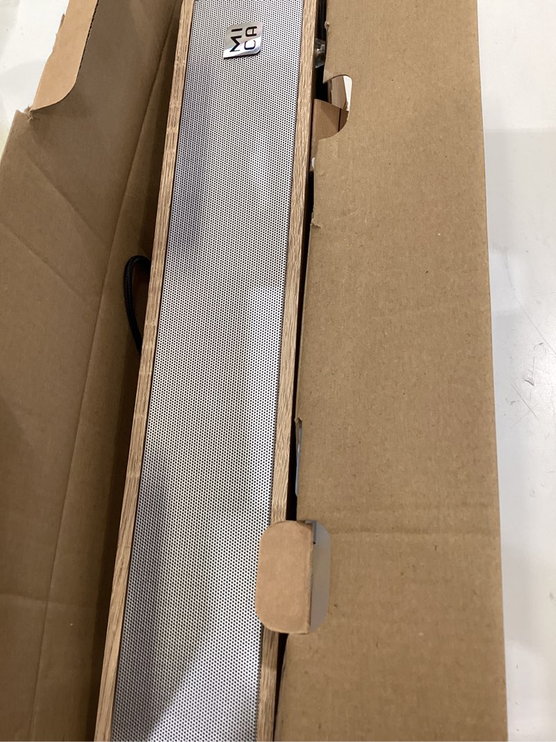 Condition photo showing Good Condition for mica computer speakers, vintage wired computer sound bar, retro wooden mini soundbar, usb powered pc speakers for desktop monitor, laptop, tablet, 3.5mm aux connection, angled (yellow)