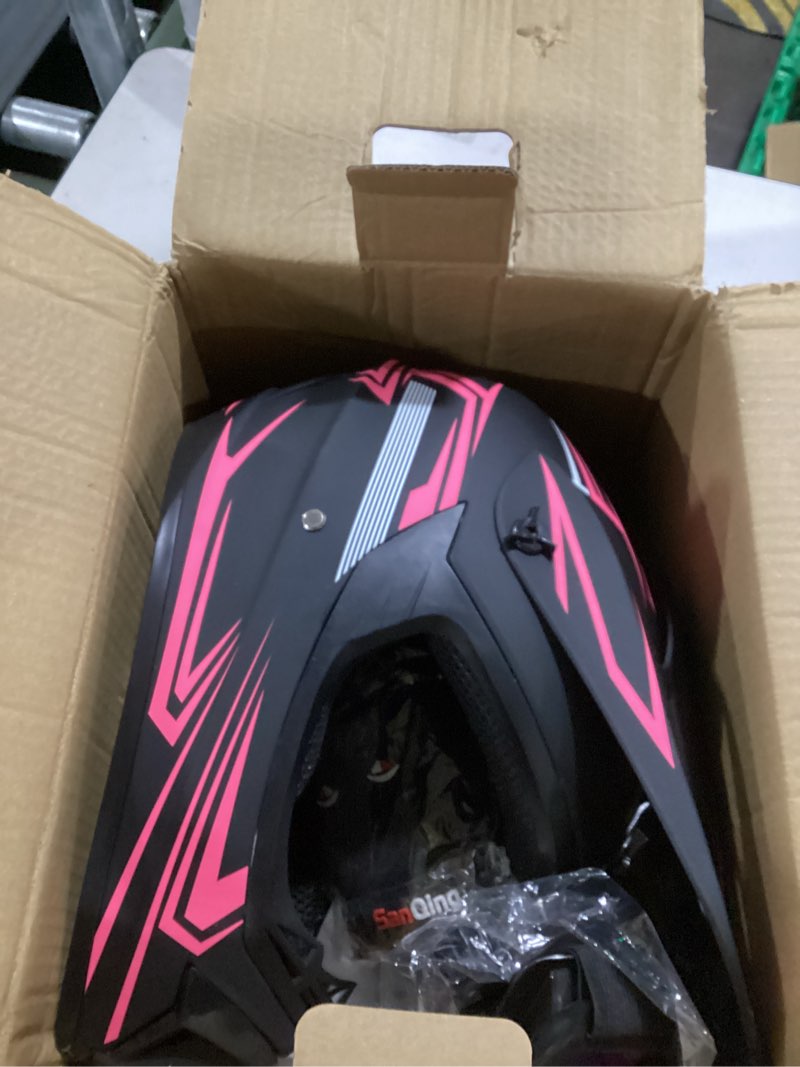 Condition photo showing Good Condition for SPARK DOT Approved Youth Motocross Helmet Kids Dirt Bike Helmets - Full Face, Lightweight & Breathable for Off-Road E-Bike BMX MX ATV (with Gloves Goggles Mask) 4Pcs Set, Black Pink, Large (59-60cm) Large Black Pink