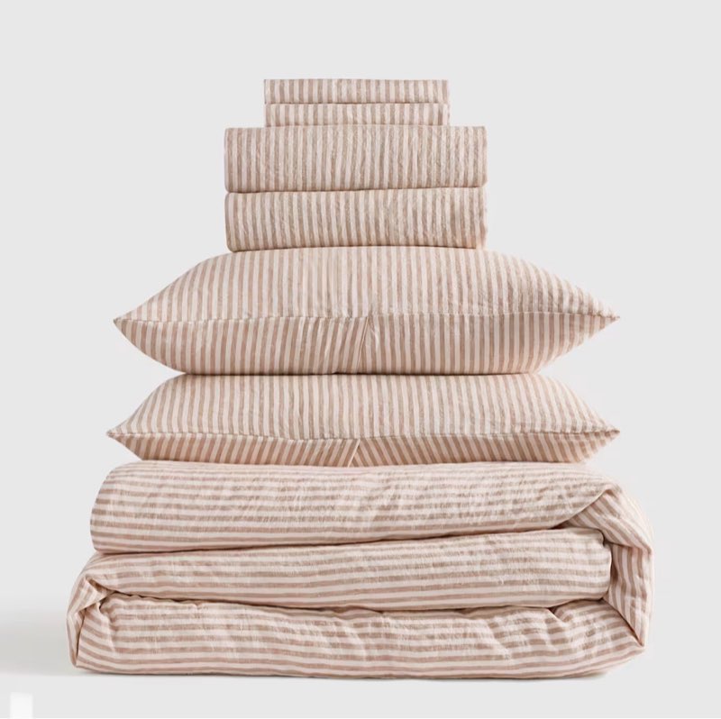 european linen deluxe bedding bundle, king /cal king latte/white stripe