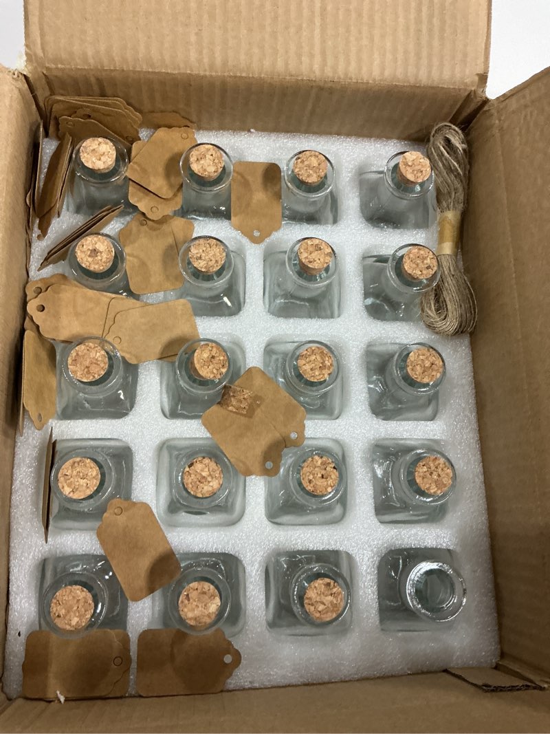 Condition photo showing New/Like New for ZOOFOX 20 Pack Glass Bottles with Cork Stoppers, 3.4 oz Small Vintage Style Favor Jars, Clear Empty Cork Bottles for Party Favors, DIY Crafts, Extra Tags and String