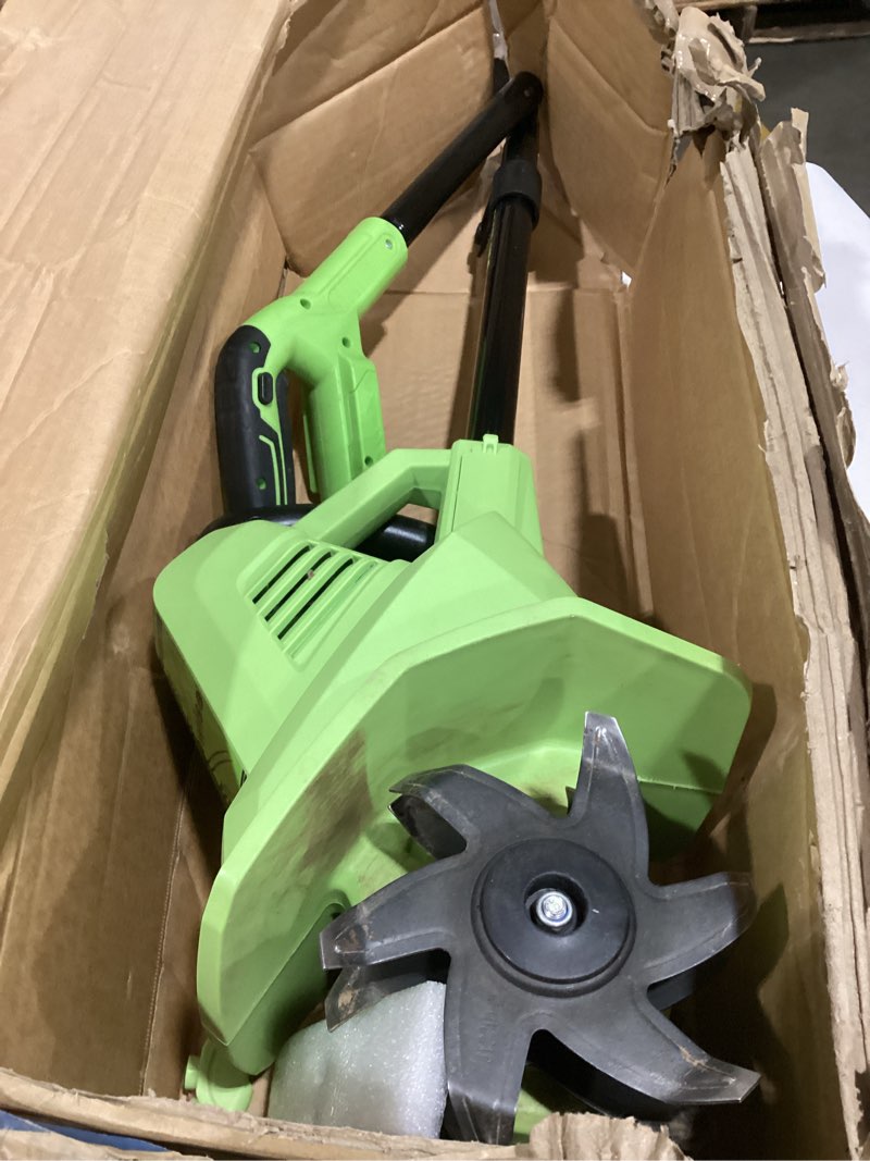 Condition photo showing As Is for earthwise power tools by alm tc70065ew 6.5-amp 11-inch corded electric garden tiller cultivator, green.incomplete