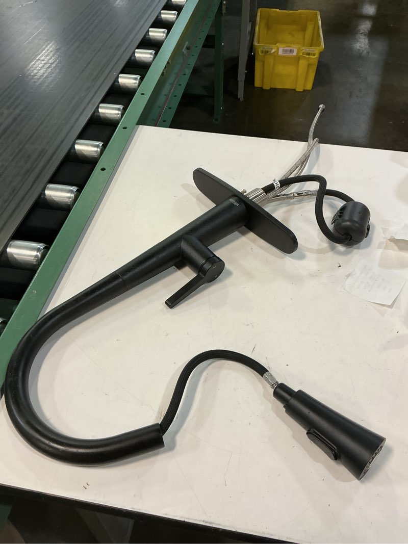 Condition photo showing As Is for bryton matte black single handle deck-mount pull-down kitchen faucet with sprayer (includes deck plate)
