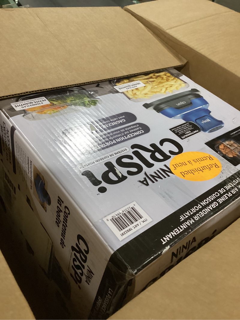 Condition photo showing As Is for Ninja Crispi Air Fryer, Microwave, Freezer & Dishwasher Safe, Non Toxic Glass Portable Cooking System, 4 QT & 6 Cup Glass Containers with Storage Lids, Easy Meals, Air Fry, Bake, Blue (Renewed)