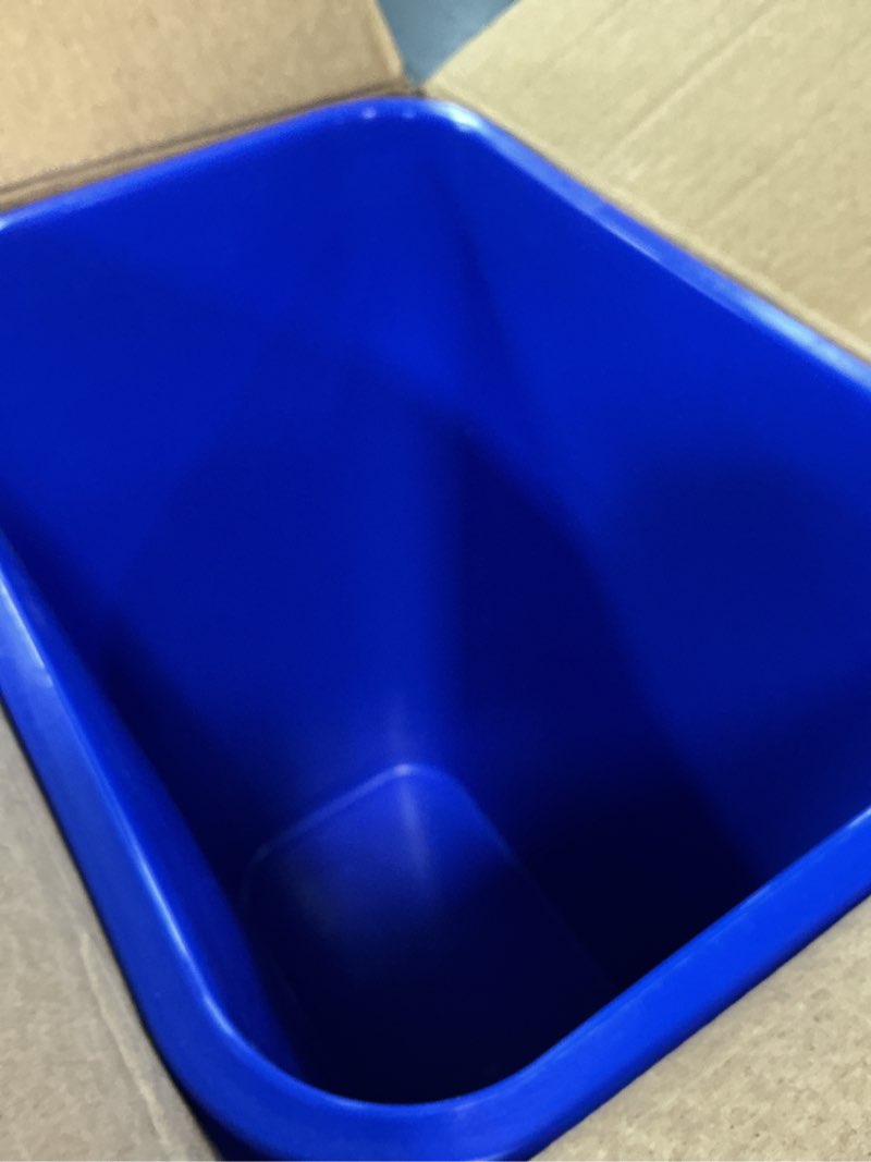 Condition photo showing New/Like New for amazon basics rectangular commercial office wastebasket, easy to clean, lightweight, 10 gallon, blue, recycle logo blue 10 gallon (pack of 1)
