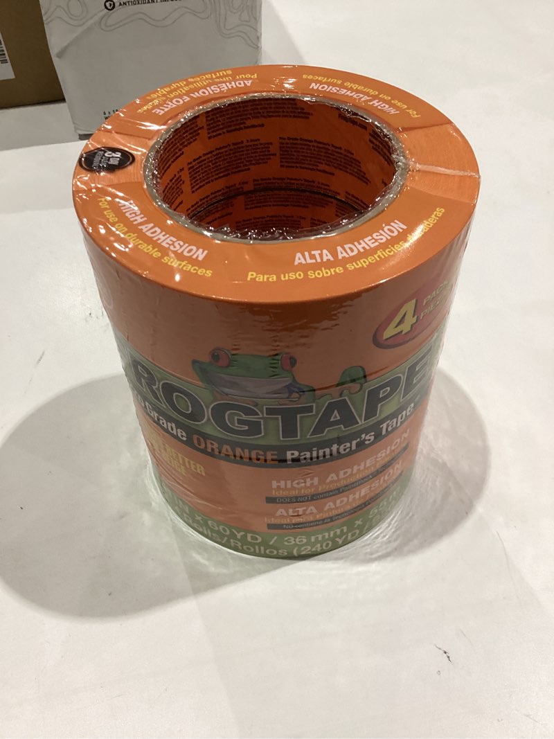 Condition photo showing New/Like New for FrogTape ProGrade Orange Painters Tape, 1.5 Inch Wide (1.41 In. x 60 Yds), High Adhesion, Paint Tape for Indoor & Outdoor Applications, Orange, 4 Rolls (242808)