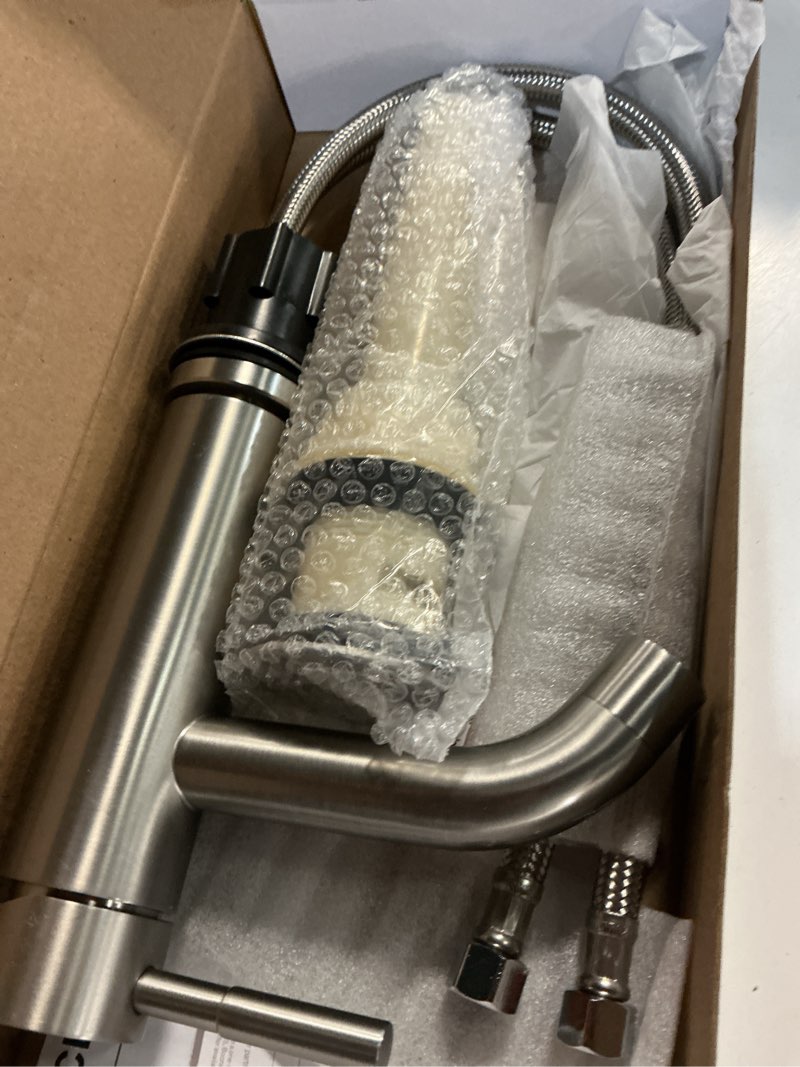 Condition photo showing As Is for better homes & gardens elmont single handle bathroom faucet, satin nickel, push pop-up